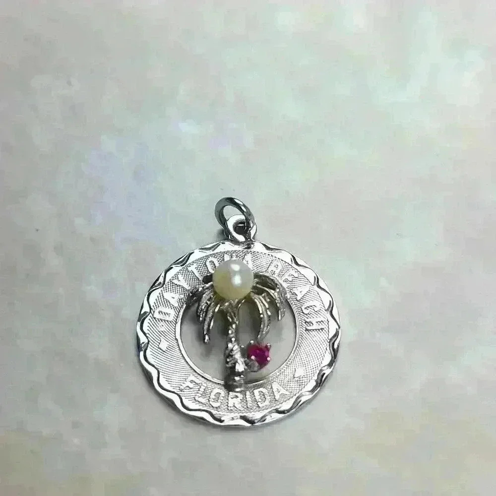 Daytona beach Florida pendant sterling silver with Ruby and fuax pearl design